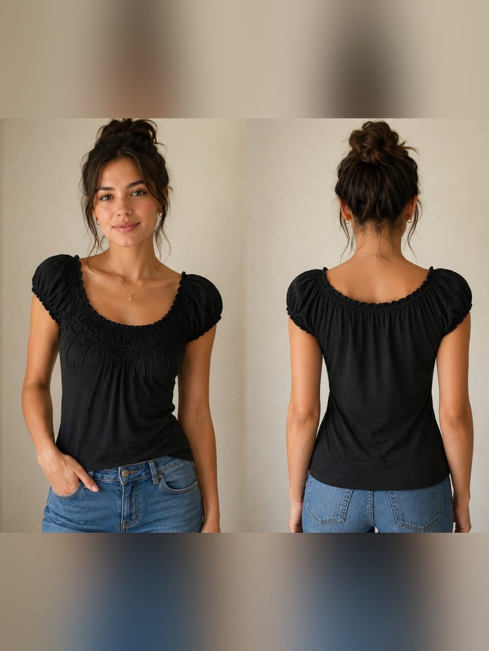 August Silk Black Short-Sleeve Silky Flowy Ruched Shoulder Dressy Top Small NWT
